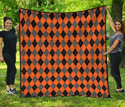 Orange Black And Grey Argyle Print Quilt