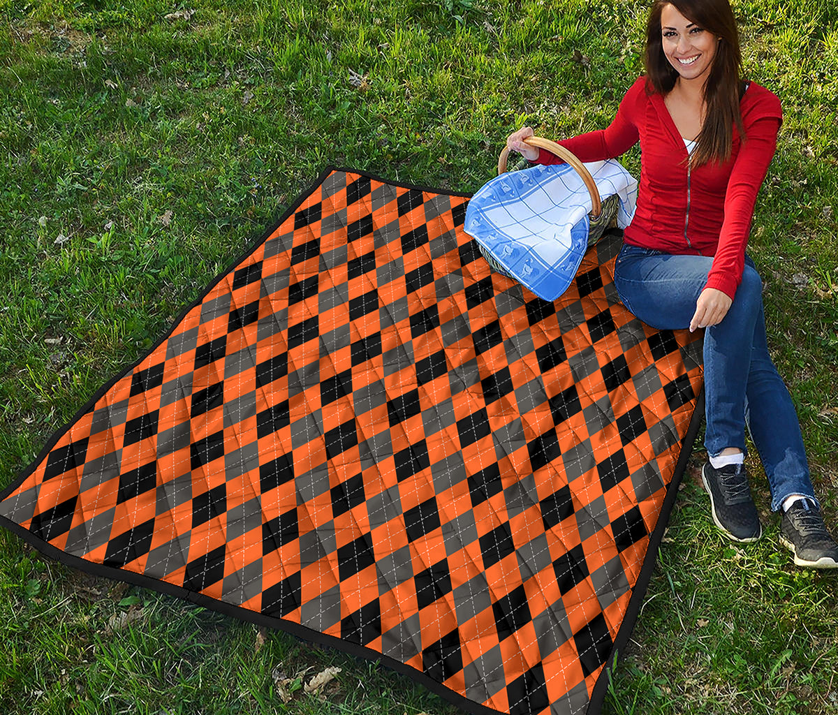 Orange Black And Grey Argyle Print Quilt