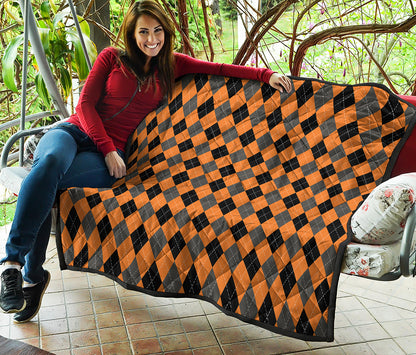 Orange Black And Grey Argyle Print Quilt