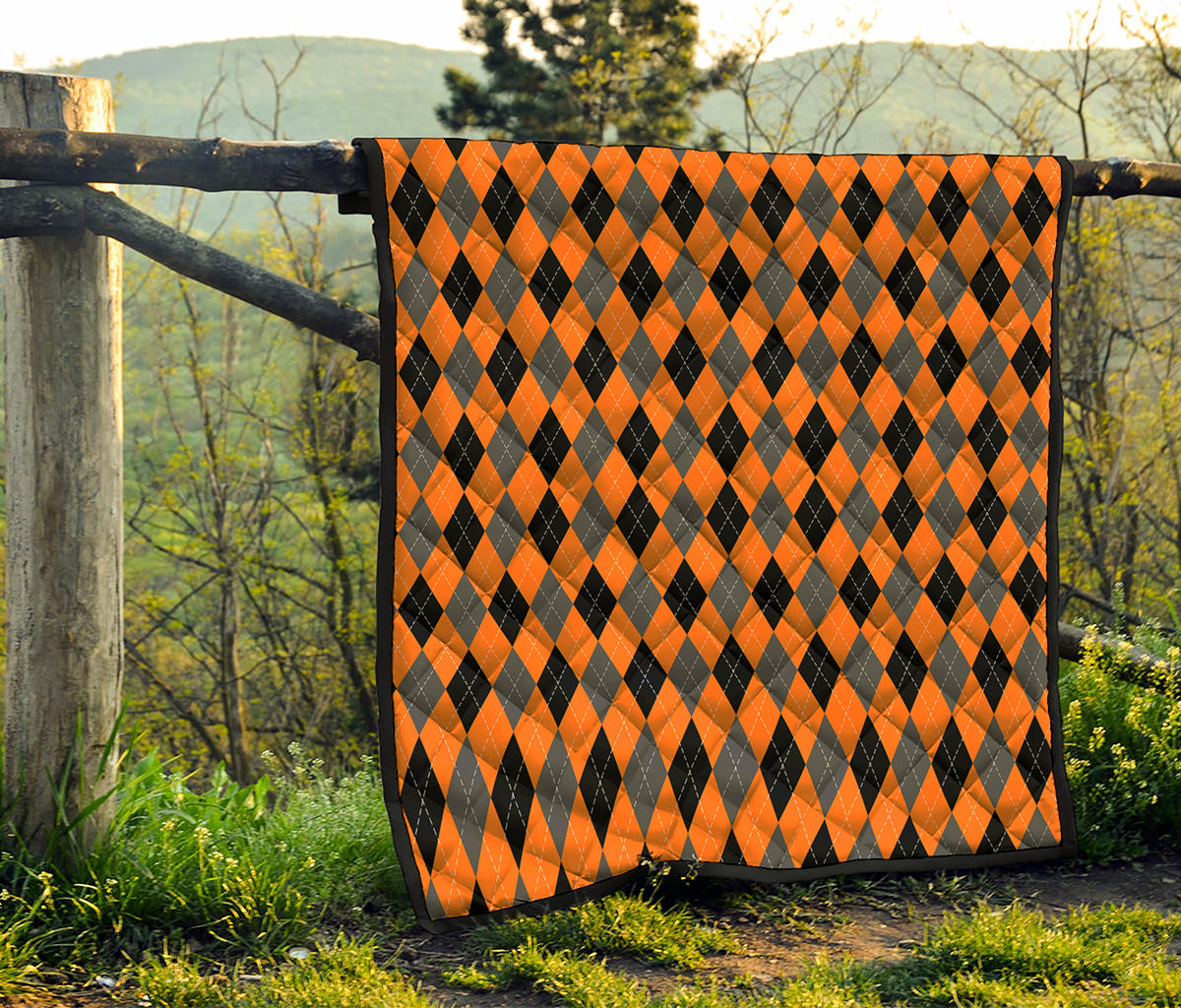 Orange Black And Grey Argyle Print Quilt