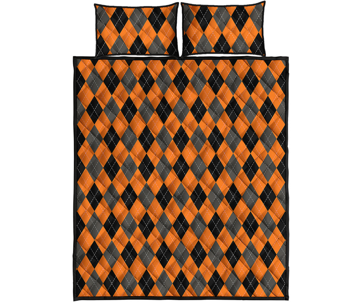 Orange Black And Grey Argyle Print Quilt Bed Set
