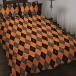 Orange Black And Grey Argyle Print Quilt Bed Set