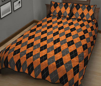 Orange Black And Grey Argyle Print Quilt Bed Set