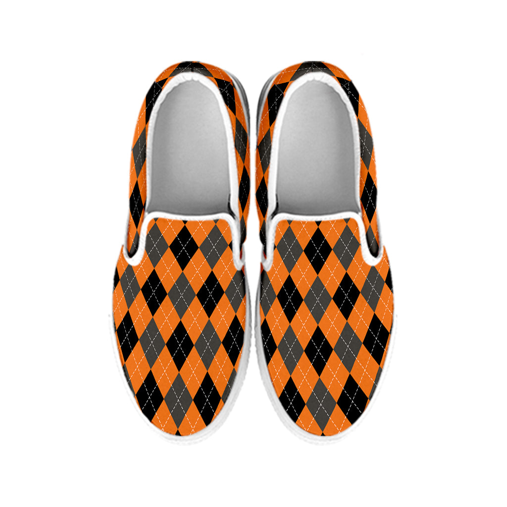 Orange Black And Grey Argyle Print White Slip On Shoes