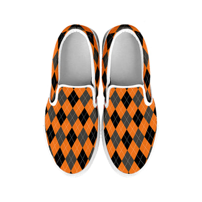 Orange Black And Grey Argyle Print White Slip On Shoes