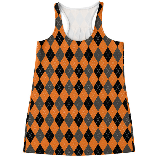 Orange Black And Grey Argyle Print Women's Racerback Tank Top