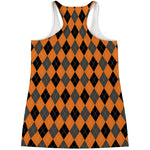 Orange Black And Grey Argyle Print Women's Racerback Tank Top