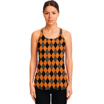 Orange Black And Grey Argyle Print Women's Racerback Tank Top