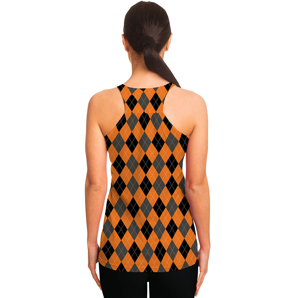 Orange Black And Grey Argyle Print Women's Racerback Tank Top