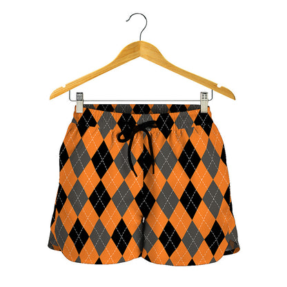 Orange Black And Grey Argyle Print Women's Shorts
