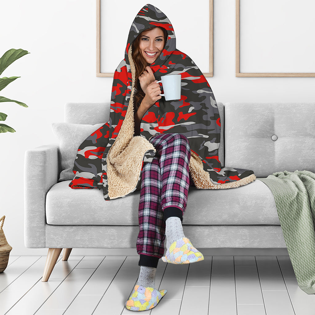 Orange Black And Grey Camouflage Print Hooded Blanket
