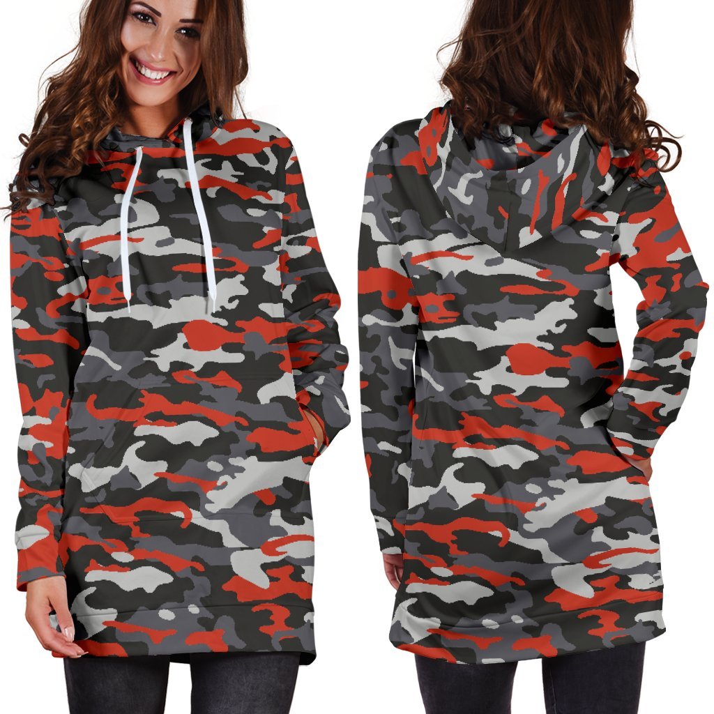 Orange Black And Grey Camouflage Print Hoodie Dress GearFrost