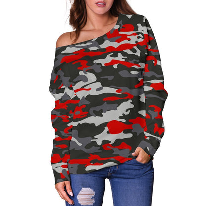 Orange Black And Grey Camouflage Print Off Shoulder Sweatshirt GearFrost