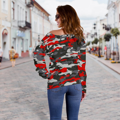 Orange Black And Grey Camouflage Print Off Shoulder Sweatshirt GearFrost