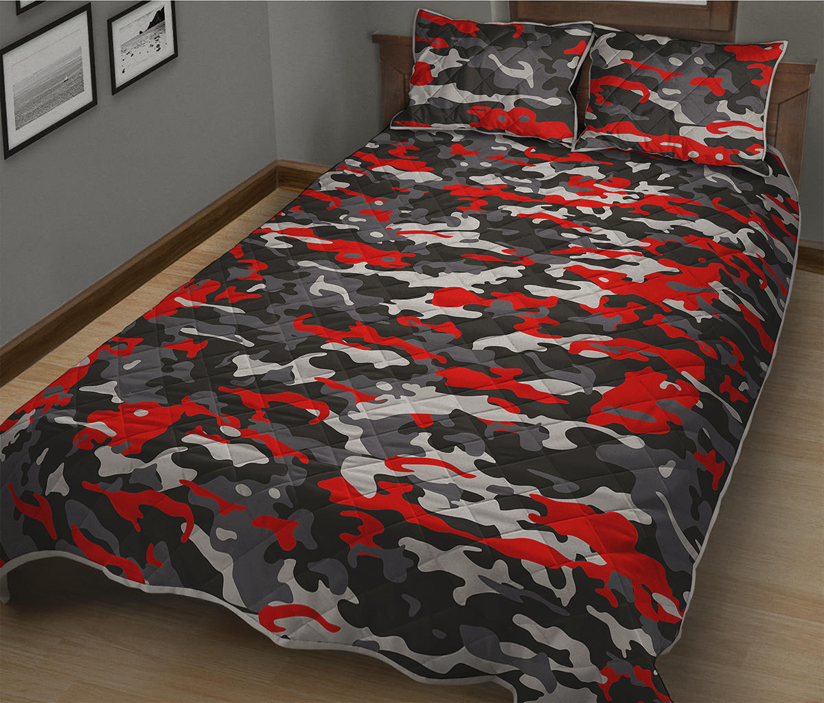 Orange Black And Grey Camouflage Print Quilt Bed Set