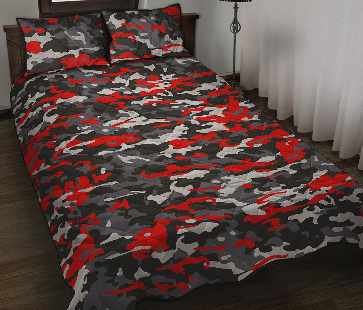 Orange Black And Grey Camouflage Print Quilt Bed Set