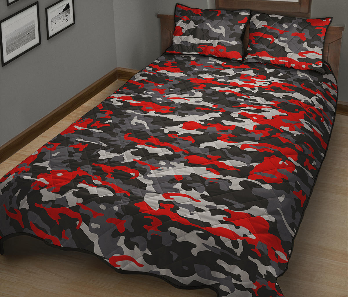 Orange Black And Grey Camouflage Print Quilt Bed Set
