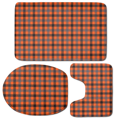 Orange Black And Grey Plaid Print 3 Piece Bath Mat Set
