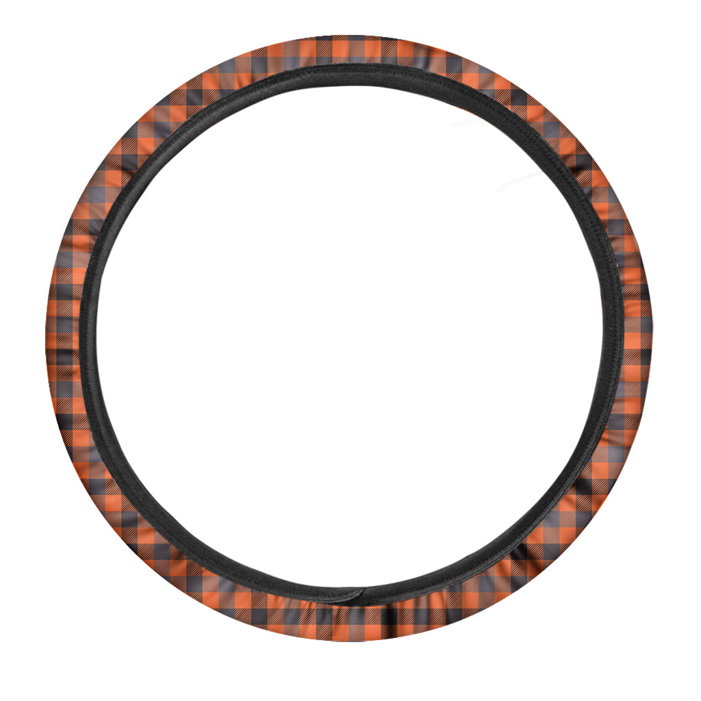 Orange Black And Grey Plaid Print Car Steering Wheel Cover
