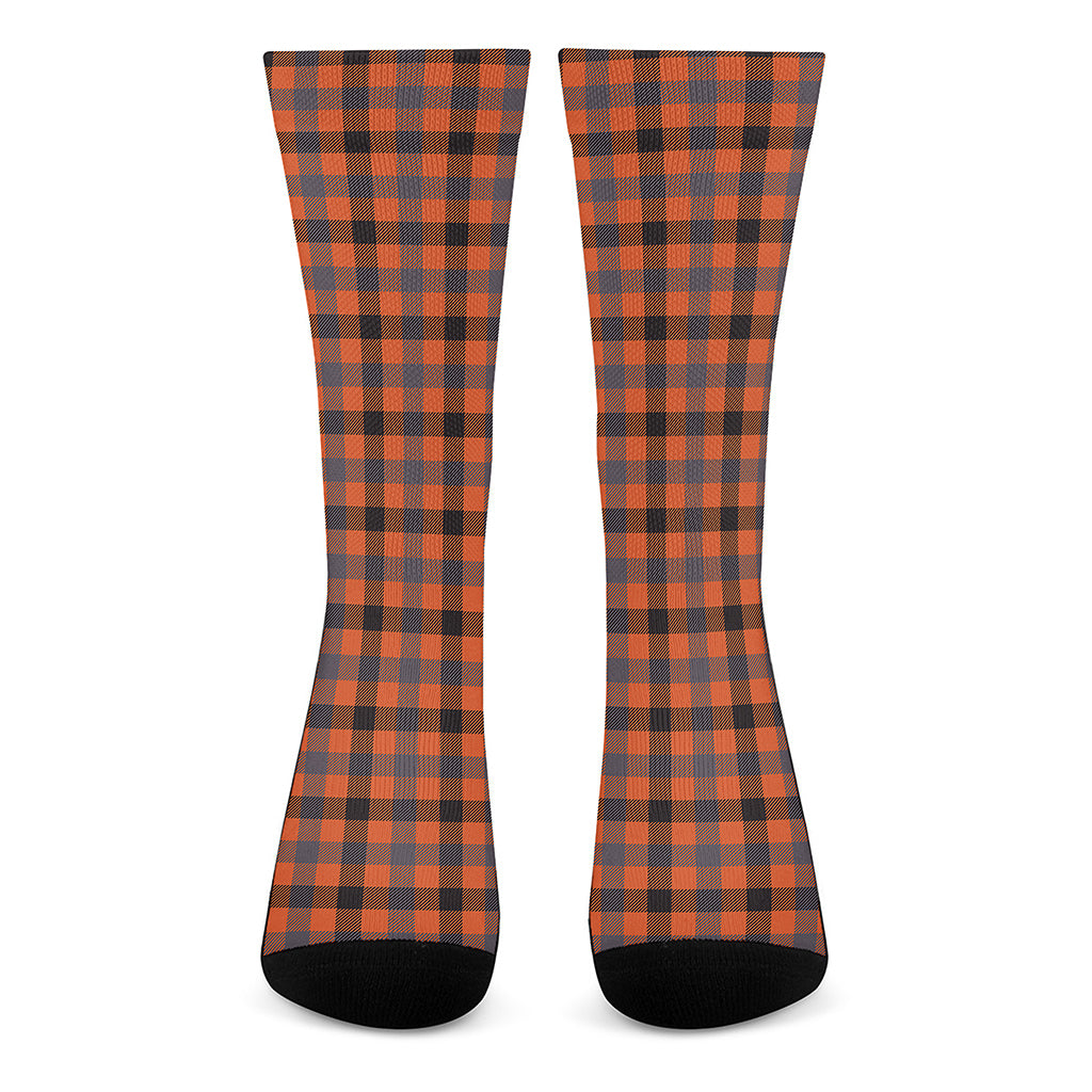 Orange Black And Grey Plaid Print Crew Socks