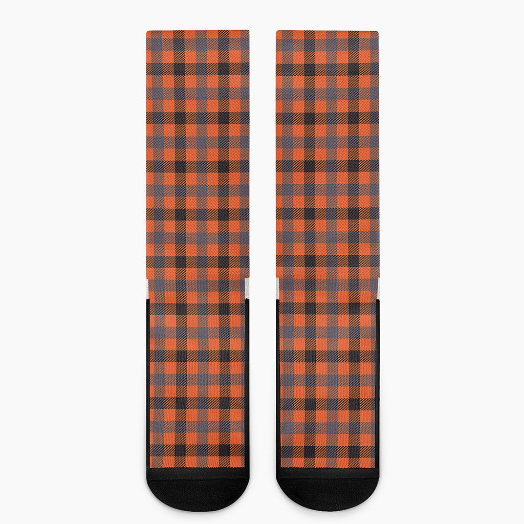 Orange Black And Grey Plaid Print Crew Socks