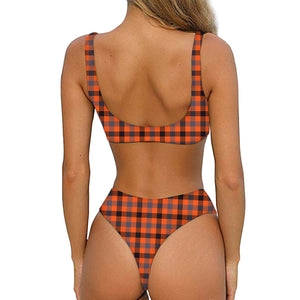 Orange Black And Grey Plaid Print Front Bow Tie Bikini
