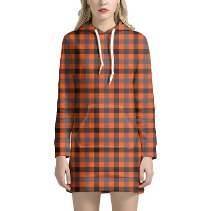 Orange Black And Grey Plaid Print Hoodie Dress