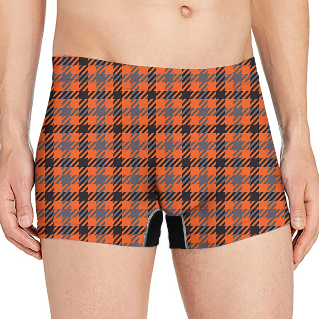 Orange Black And Grey Plaid Print Men's Boxer Briefs