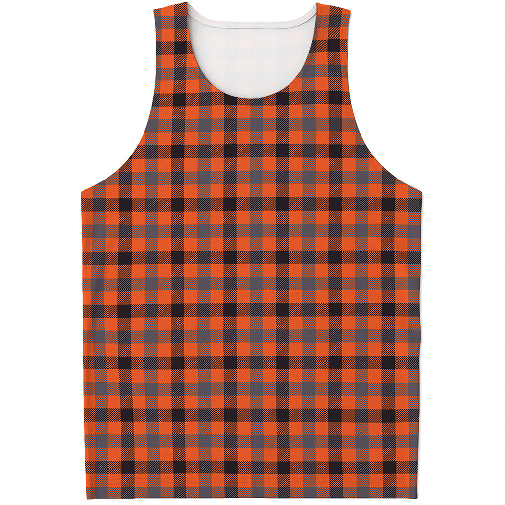 Orange Black And Grey Plaid Print Men's Tank Top