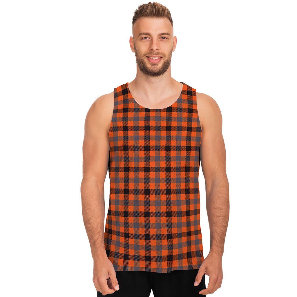 Orange Black And Grey Plaid Print Men's Tank Top