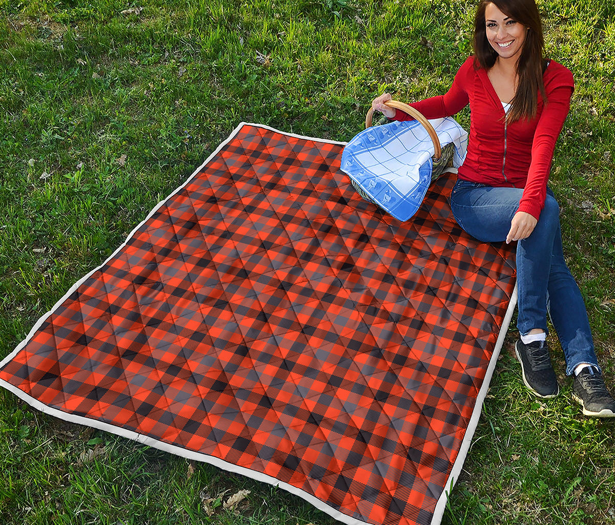 Orange Black And Grey Plaid Print Quilt