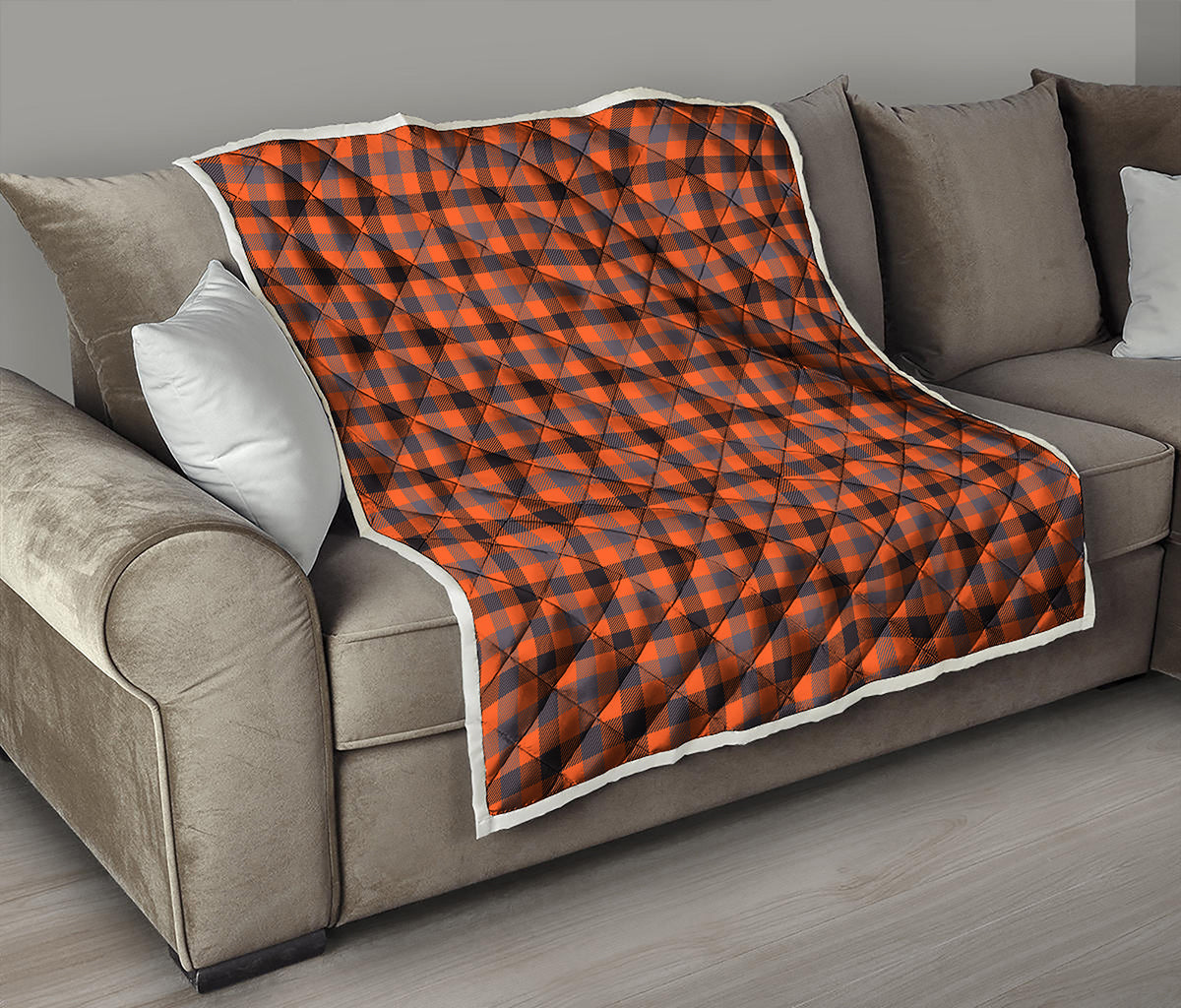 Orange Black And Grey Plaid Print Quilt