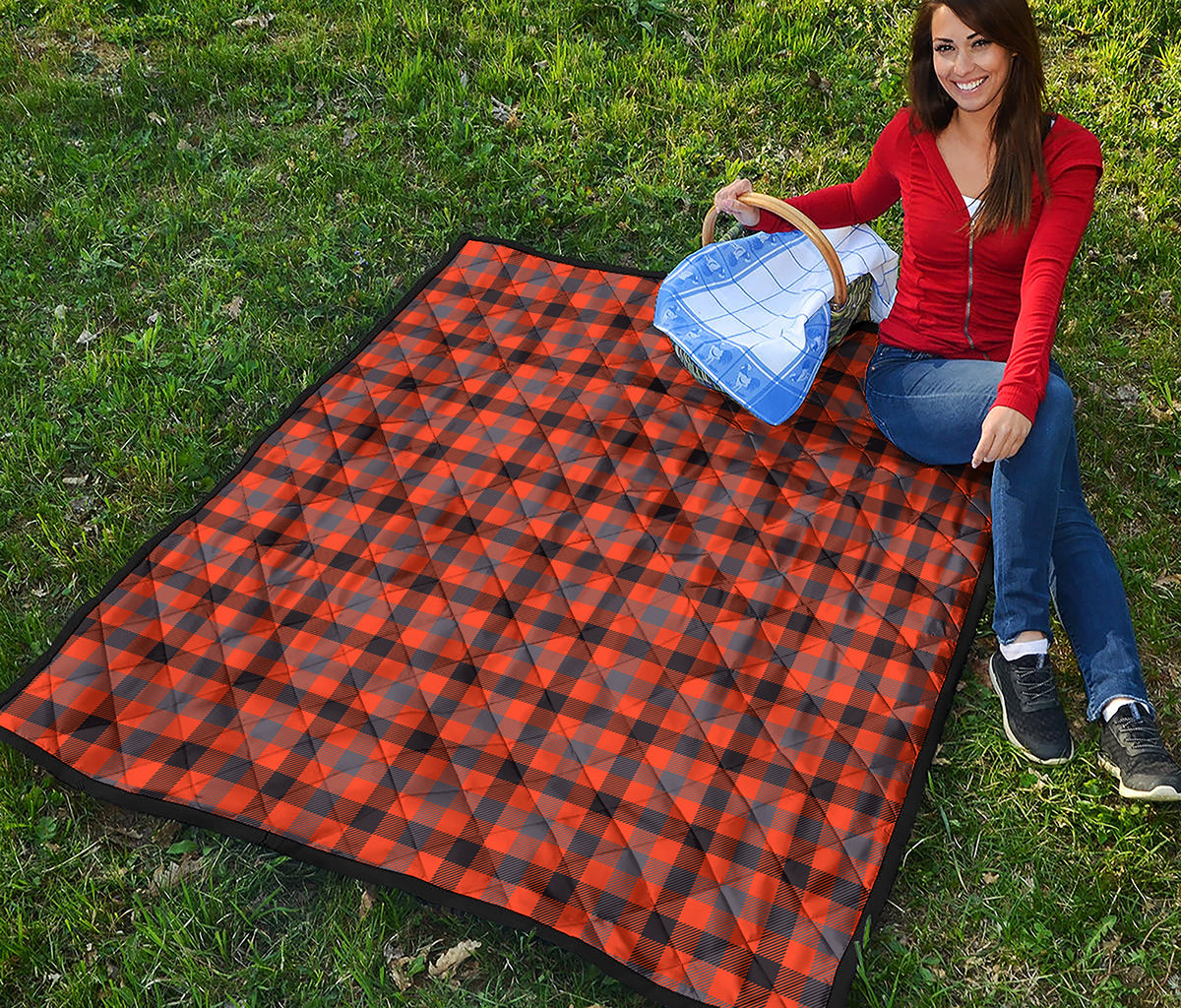 Orange Black And Grey Plaid Print Quilt