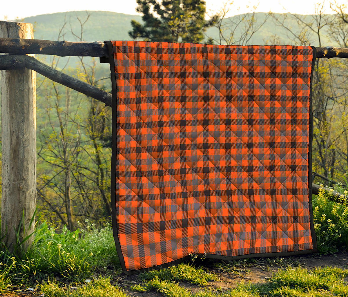 Orange Black And Grey Plaid Print Quilt