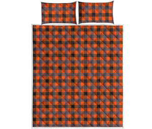 Orange Black And Grey Plaid Print Quilt Bed Set