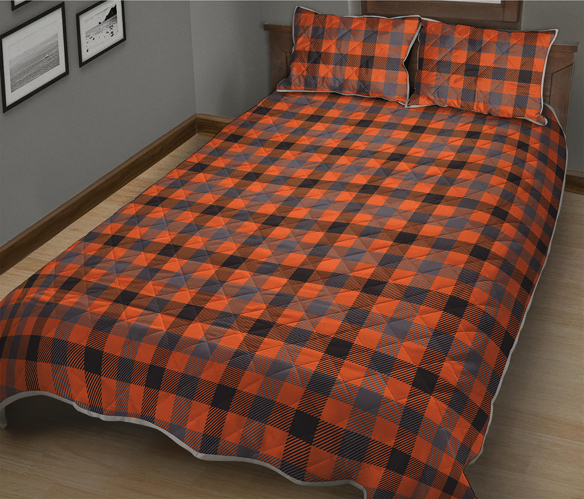 Orange Black And Grey Plaid Print Quilt Bed Set