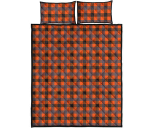 Orange Black And Grey Plaid Print Quilt Bed Set