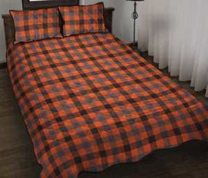 Orange Black And Grey Plaid Print Quilt Bed Set