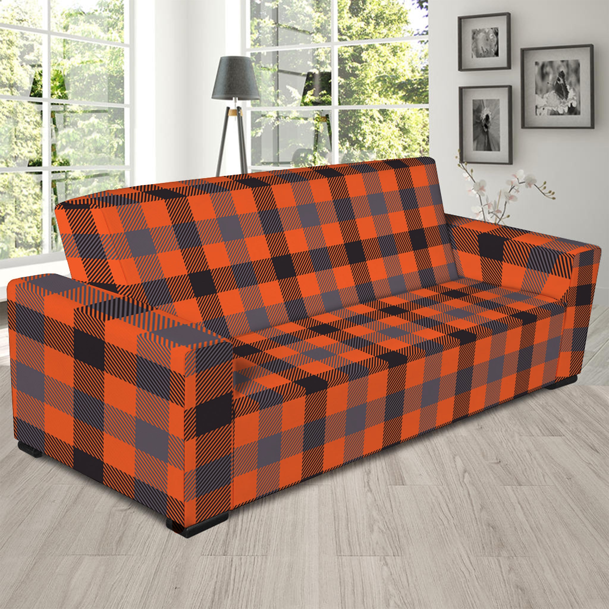 Orange Black And Grey Plaid Print Sofa Slipcover