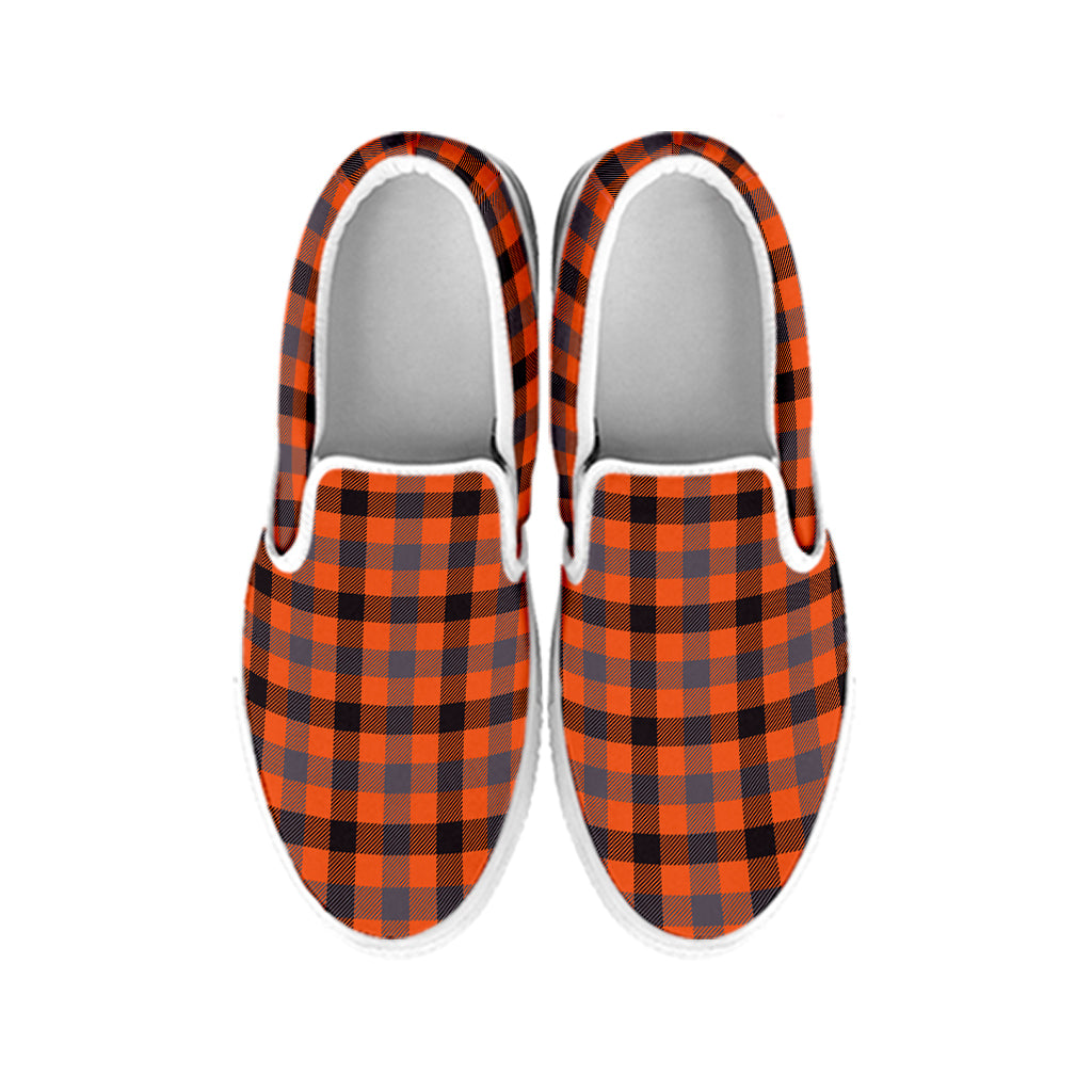 Orange Black And Grey Plaid Print White Slip On Shoes