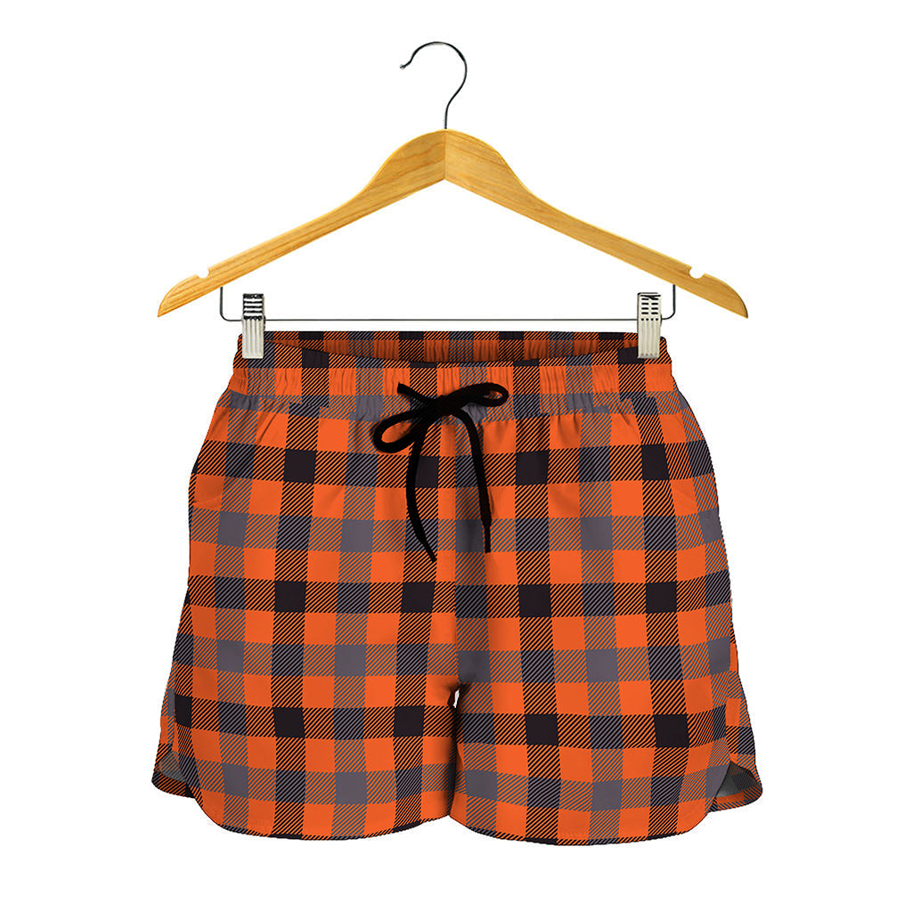 Orange Black And Grey Plaid Print Women's Shorts