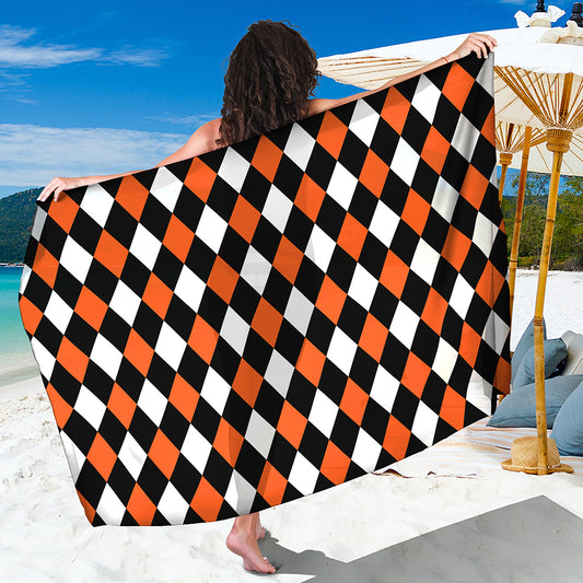 Orange Black And White Harlequin Print Beach Sarong Wrap