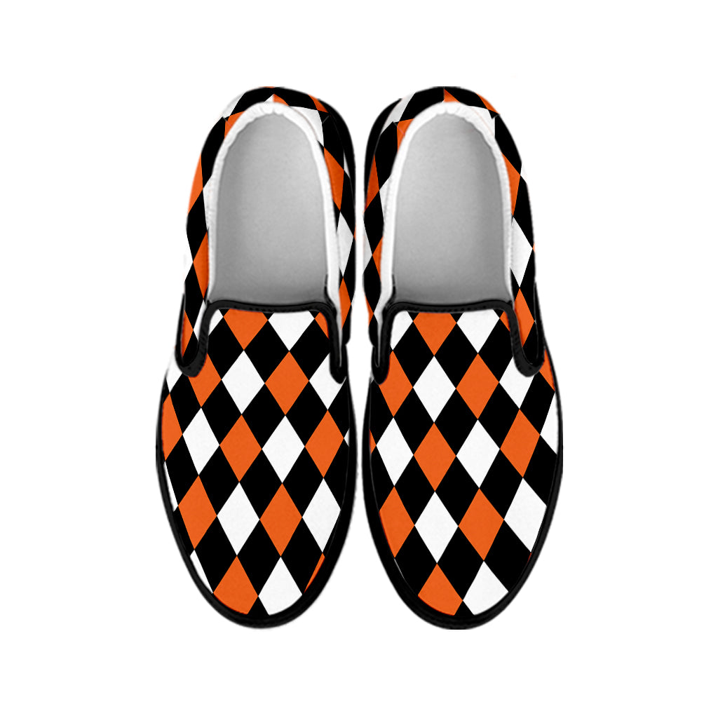Orange Black And White Harlequin Print Black Slip On Shoes