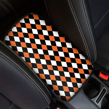 Orange Black And White Harlequin Print Car Center Console Cover