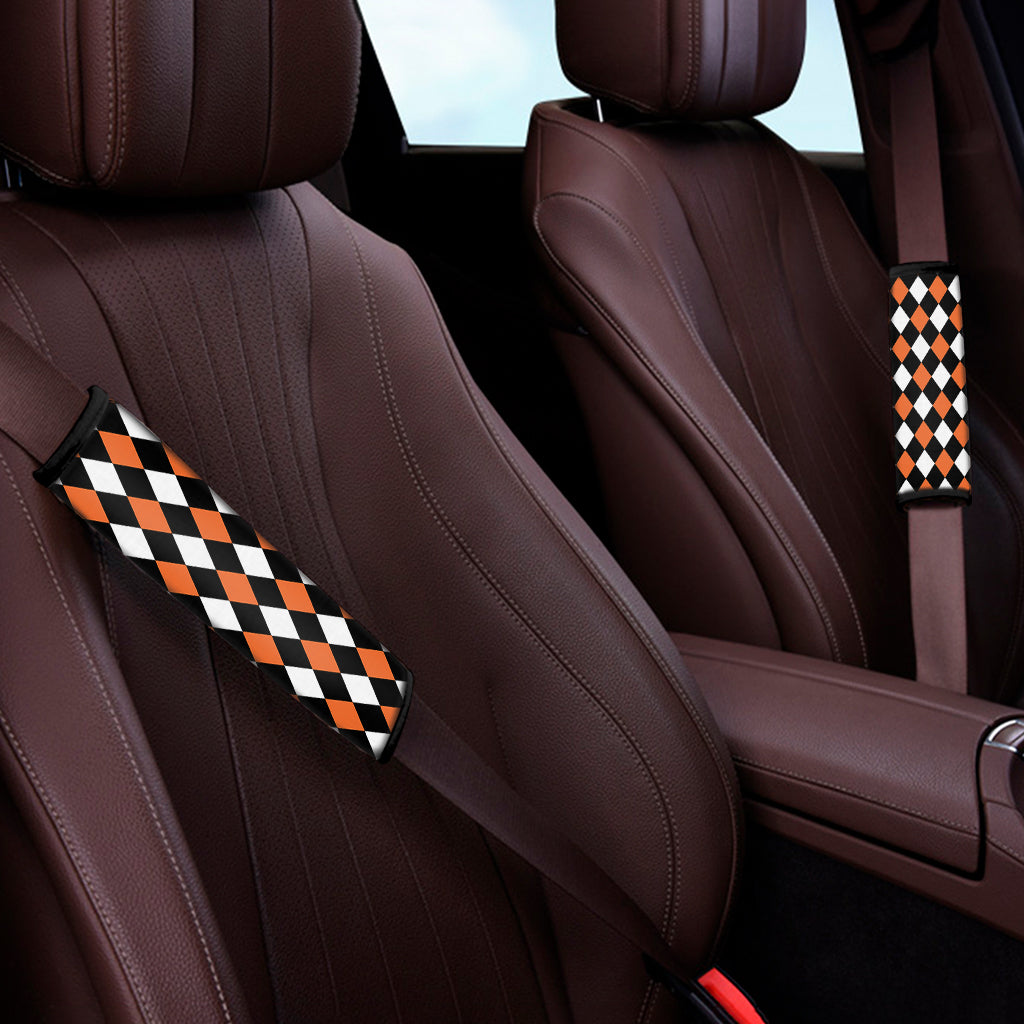 Orange Black And White Harlequin Print Car Seat Belt Covers