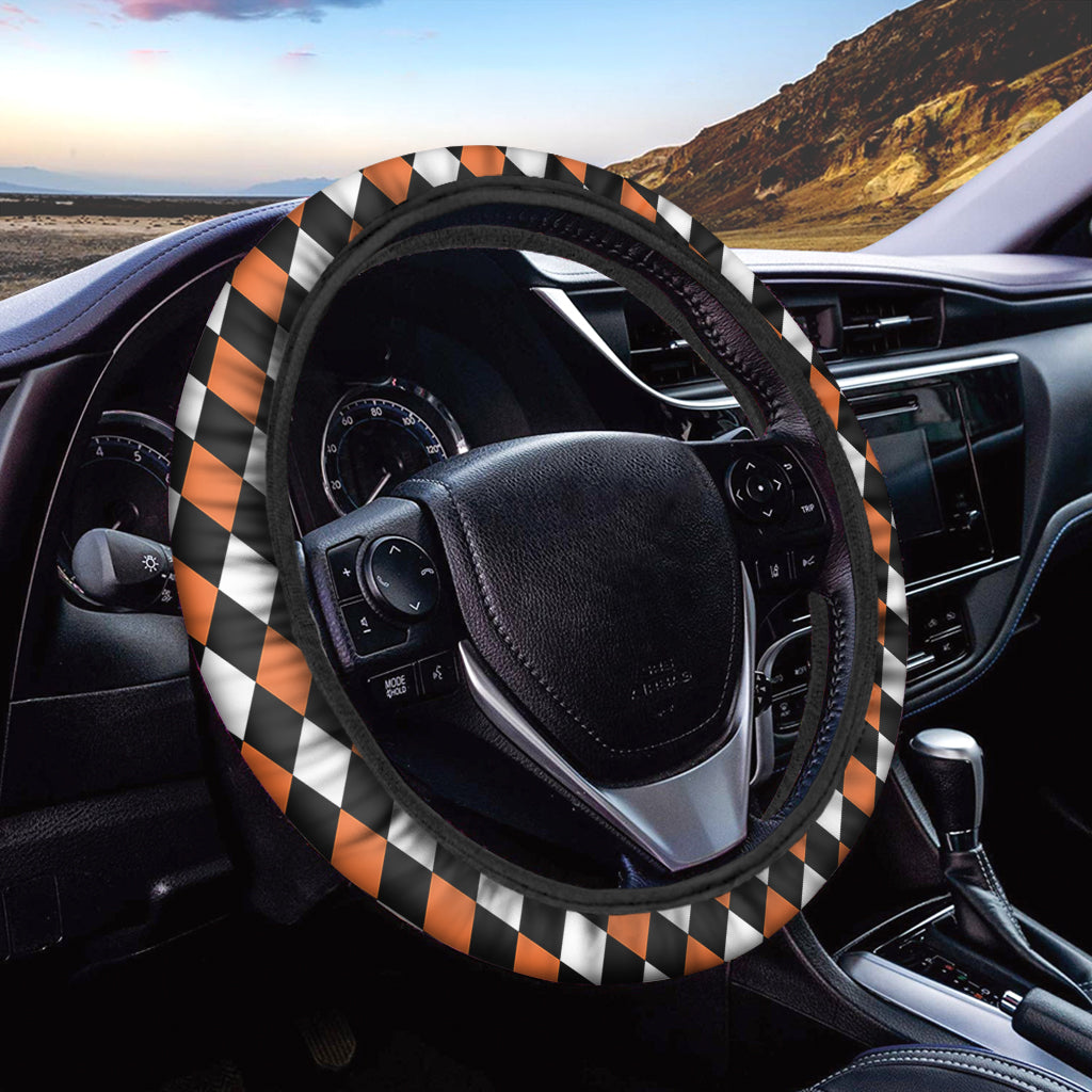 Orange Black And White Harlequin Print Car Steering Wheel Cover