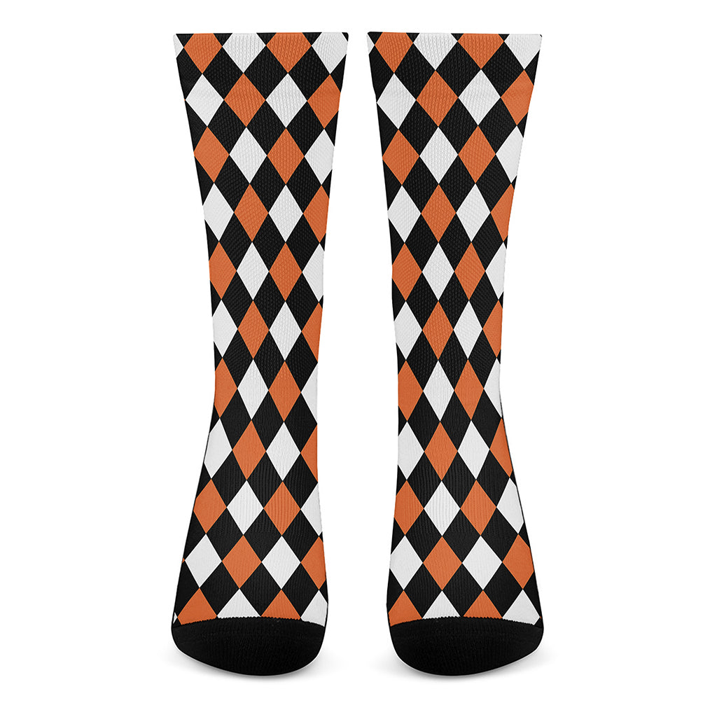 Orange Black And White Harlequin Print Crew Socks