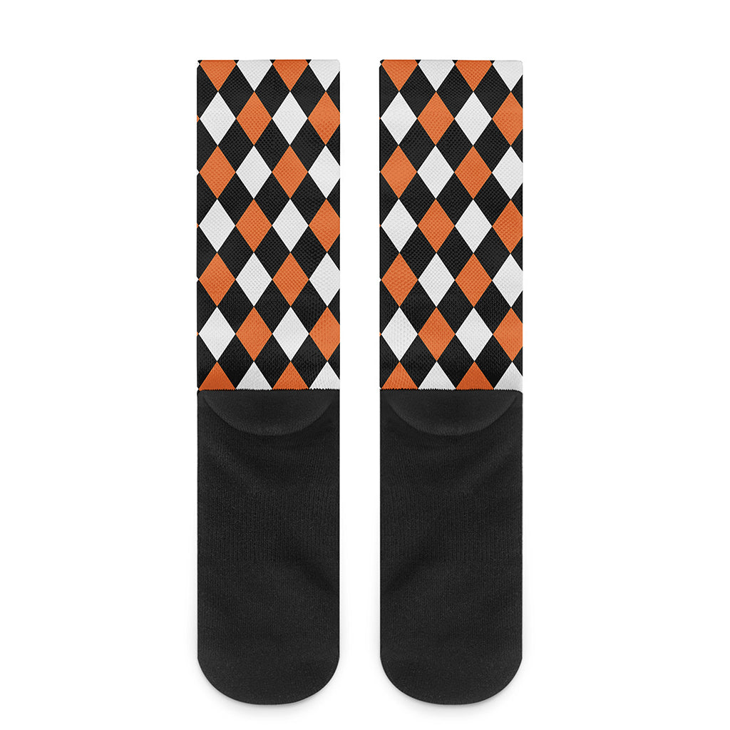 Orange Black And White Harlequin Print Crew Socks