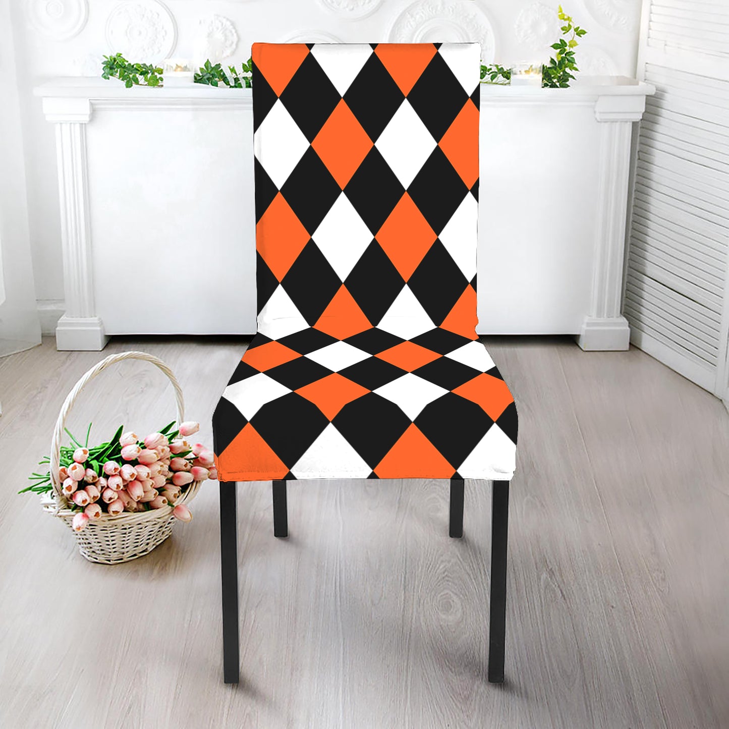 Orange Black And White Harlequin Print Dining Chair Slipcover