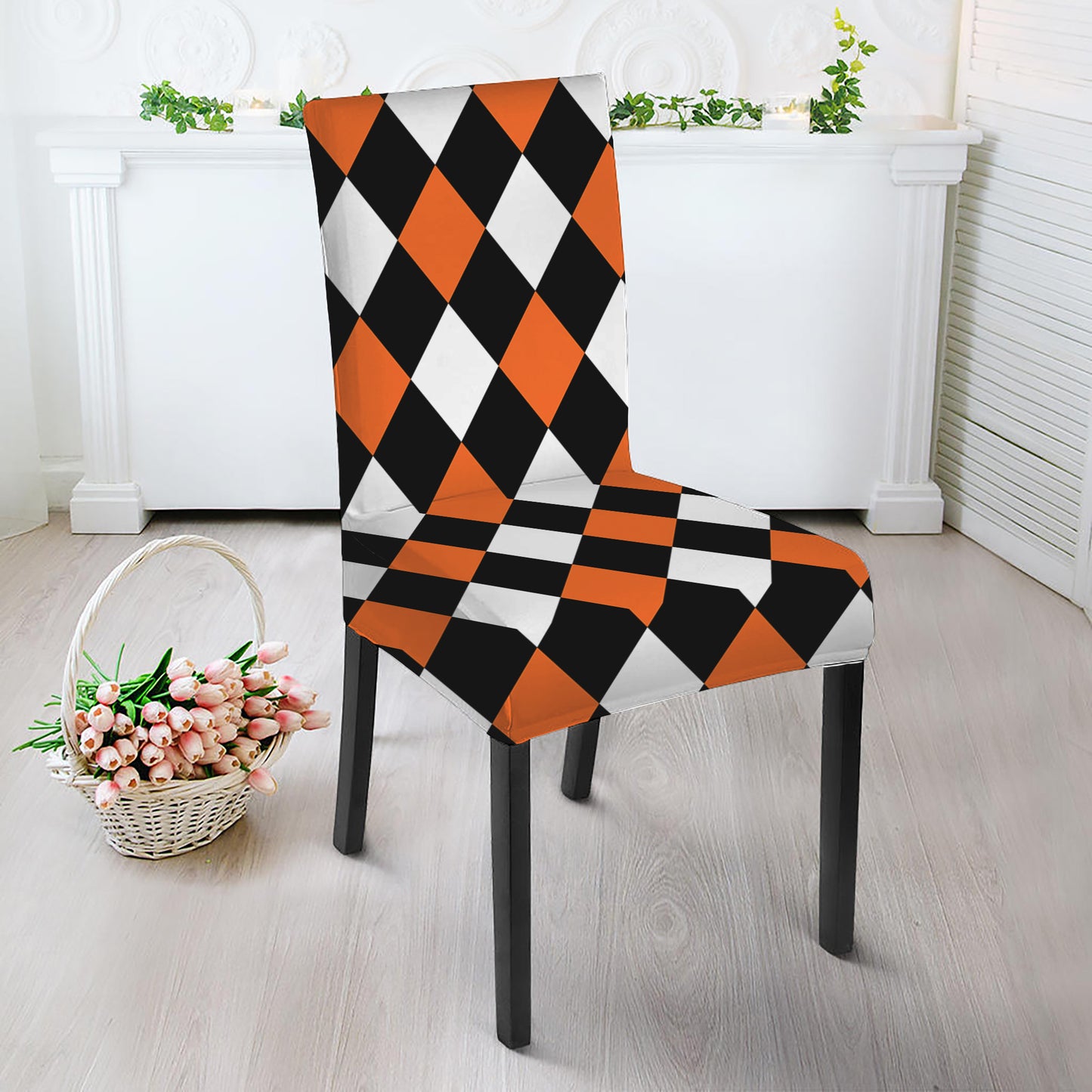 Orange Black And White Harlequin Print Dining Chair Slipcover